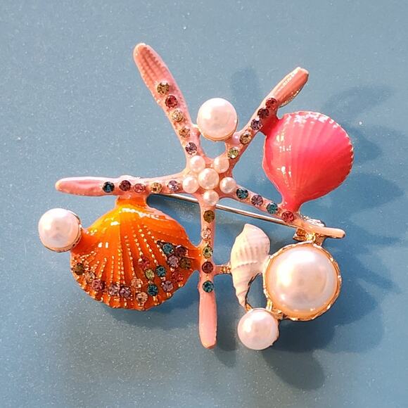 Delicate Starfish & Seashell Brooch Faux Pearl and Multi Rhinestones Pink Orange - Picture 1 of 4